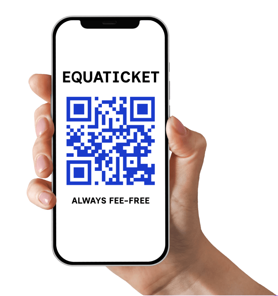 Hand holding a phone displaying an Equaticket QR code