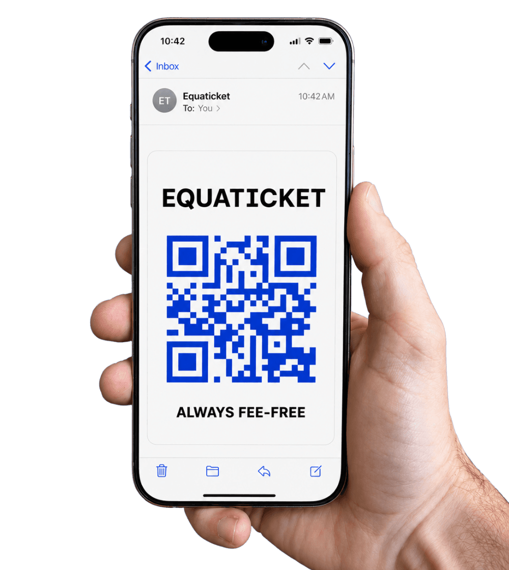Hand holding a phone displaying an Equaticket QR code